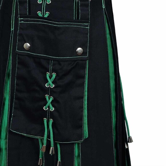 Fashion Utility Black Hybrid Kilt  Green Pleats and Lacing Highlander Kilt NEW - Picture 7 of 9